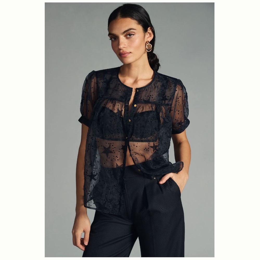 Anthropologie Let Me Be Sheer Star Blouse in Black size Small